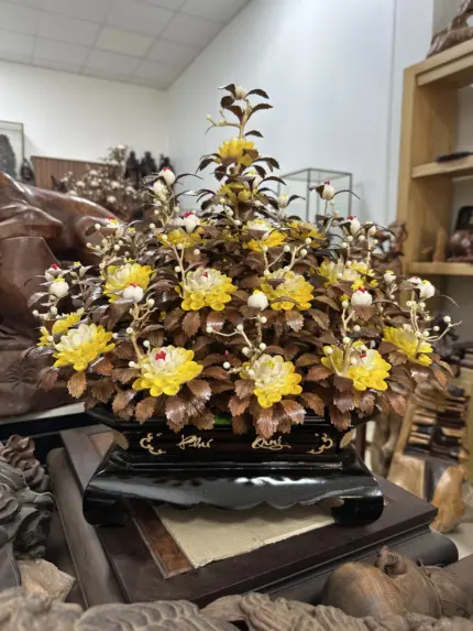 Bình Hoa Mai Vàng - Lá Gỗ Sưa, Bình Gỗ Mun Hoa MQ08